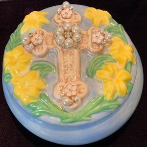 Light Blue Ceramic Cross Trinket Box